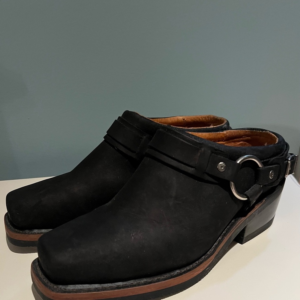 Women’s Harley-Davidson Black Leather Mules with Silver Buckle Accents